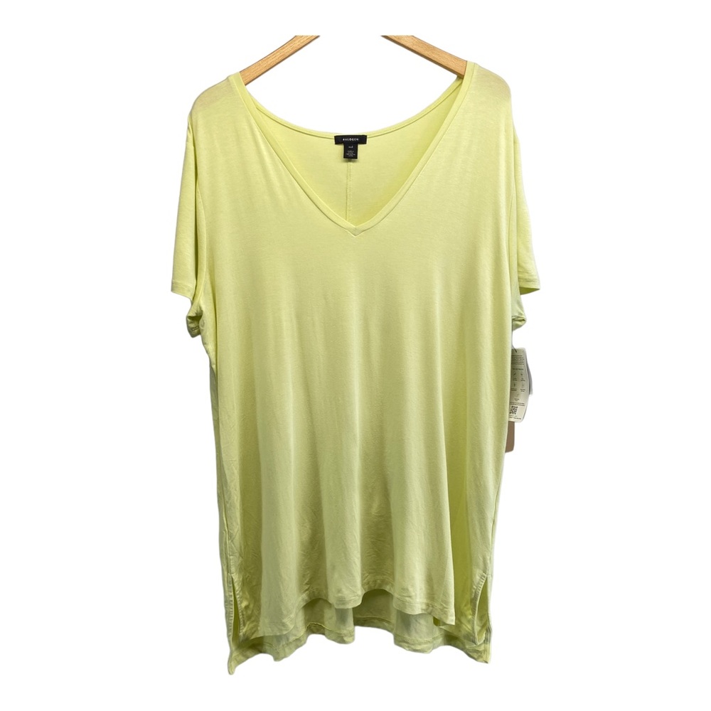 Halogen women's tunic top XXL Tencel green wheat Short sleeve pullover V-neck